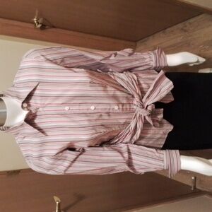 Worth cotton blouse, pink and gray stripes, size Sm/Petite. Removable tie belt.